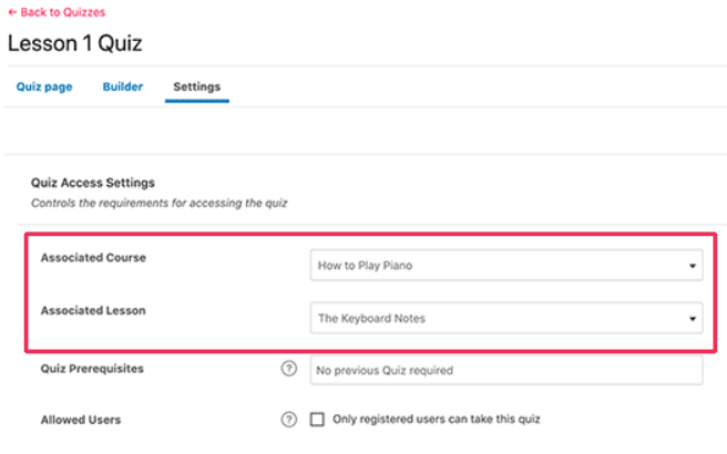 Lms Quiz lesson setting