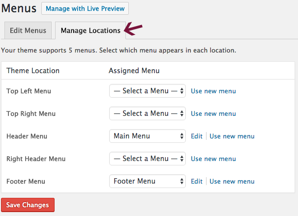 Manage Location tab