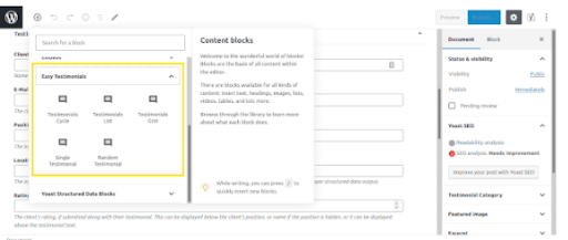 new block from the Easy Testimonial Plugin