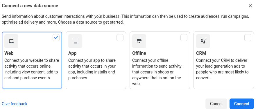 Connect data source - facebook pixel