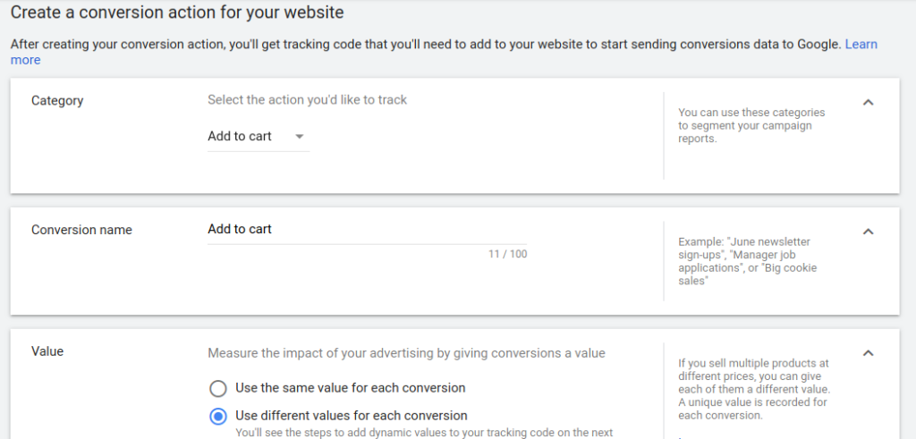 create conversion action